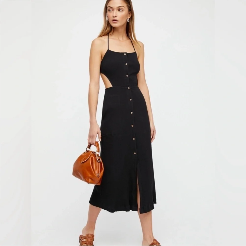Free People FP Beach Margaret Ribbed Cut Out Backless Midi Dress Black